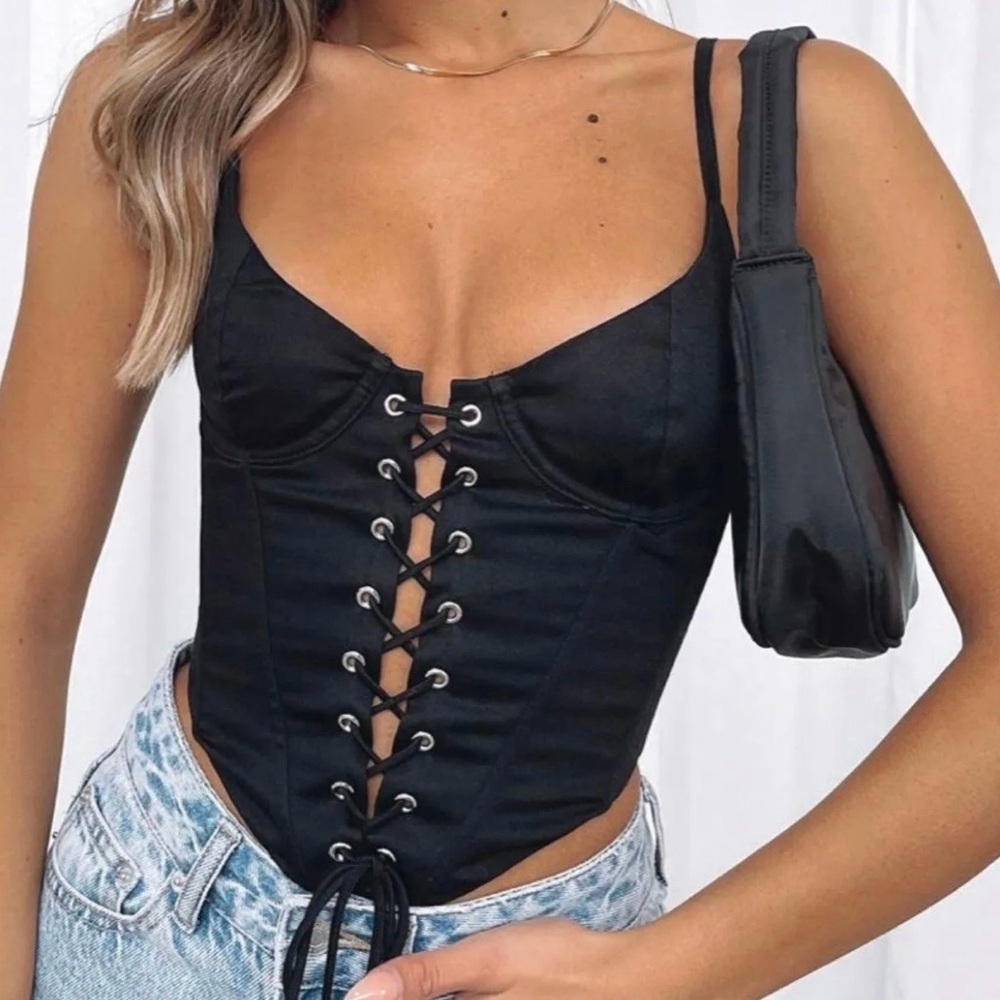 White Fox Boutique Sweet Fantasy Black Lace-Up Corset Top with Adjustable Straps